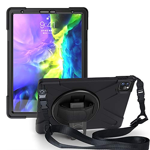 PROTECT+ iPad Pro 11 2020 Case/2018 Case Shockproof Rugged Kickstand Protective Full Protection Case for Apple Release 2nd Generation with Hand Strap and Shoulder Strap Stand - Black
