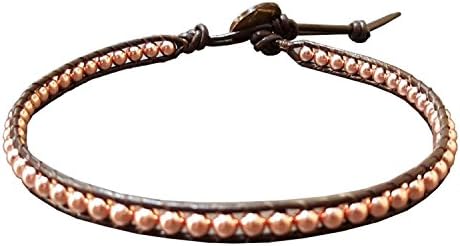 Anklet Pink Rose Gold Bead Ankle Bracelet 10 Inches Woven with Leather Cord Beautiful Fashion Handmade Hippie Bohemian Style