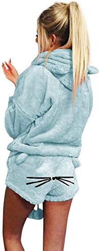 Women Solid Color Hoodie Sleepwear Duseedik Lady Warm Winter Set Two Piece Cute Cat Pajamas