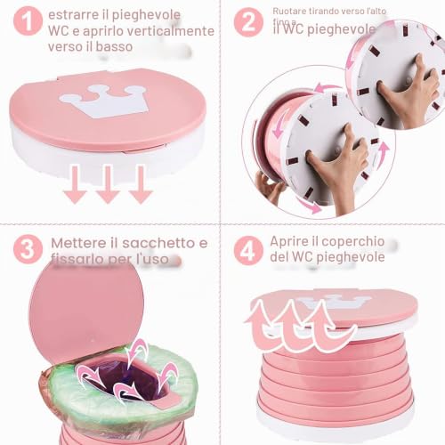 Folding Toilet for Children, Travel Potty, Folding Toilet Chair, Portable Potty Seat, Indoor Outdoor Travel Potty for Baby Training with Travel Bag (Pink)