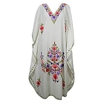 Mogul Interior Womens Caftan Maxi Dress White Designer Embroidered Kaftan One Size