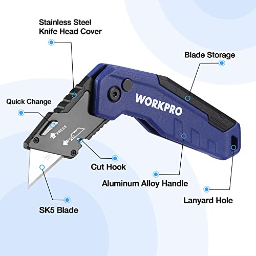 WORKPRO Folding Utility Knife, Quick Change Box Cutter, Razor Knife for Cartons, Cardboard, Boxes, Blade Storage in Handle, 13 Extra Blades Included (Blue)