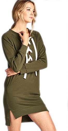 Women's Junior Fit Long Raglan Sleeve French Terry Dress Top (Medium, Olive)