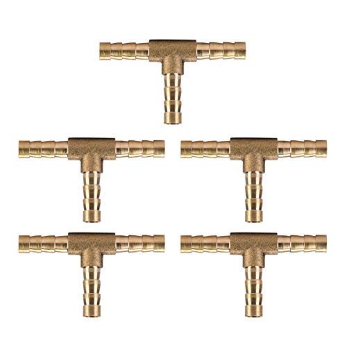 Brass T Connector, 5pcs T Hose Fittings for Air/Water/Oil/Gas, Brass Hose Seal 6/8/10/12mm (6mm)