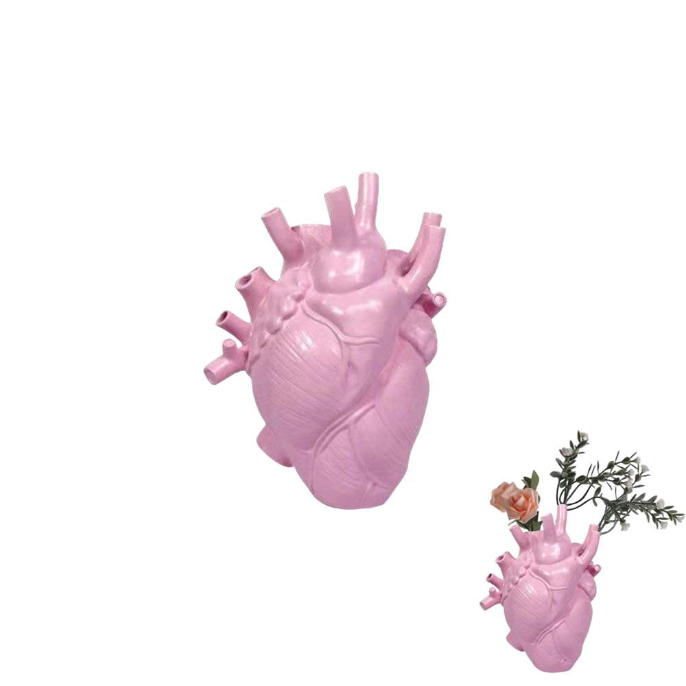CURTEK Decorative Flower vase for Home Decor 6.3 x 4.3 Inch Creative Heart Art Resin Vase Human Heart Shaped Vase Statue for Home Decor Craft Ornaments Creative Gift (Pink)