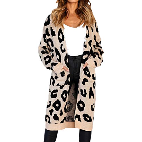 MOLFROA Womens Leopard Printed Long Sleeve Open Front Knit Pocket Long Sweater Cardigans (Khaki, S)