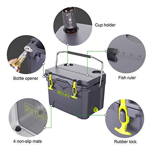 REYLEO Cooler, High-end Portable Rotomolded Cooler, 30-Can Capacity, 21 Quart, 3-Day Ice Retention, Bear Resistance, Camping Cooler, Ice Chest (Built-in Bottle Opener, Cup Holder,Fish Ruler,incl.)
