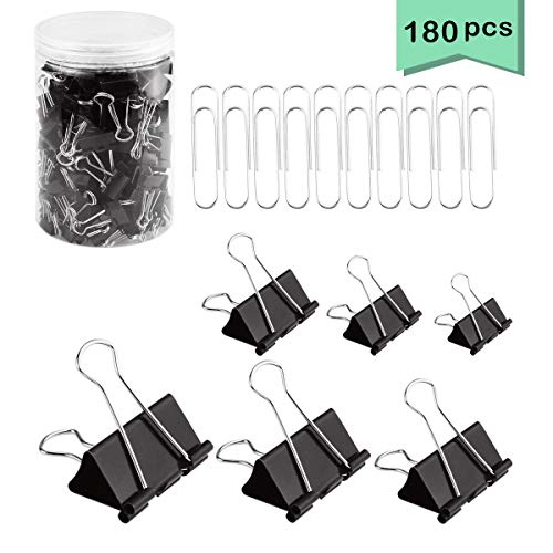 Neworkg 130 Pcs Binder Clips + 50 Pcs Bonus Paper Clips, Assorted 6 Sizes Paper Clamps, Black Metal Fold Back Clips with Box for Office, School and Home Supplies - Thumbnail 7