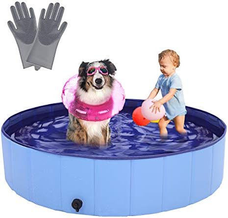 RQN Foldable Dog Pool for Outdoor Backyard,Portable Pet Pool for Kid Baby Pet Dog Cat with Gloves