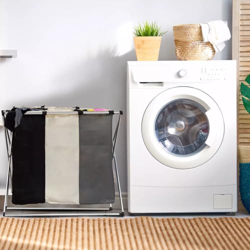 Cesto de Roupas com 3 Compartimentos, Dobrável, Resistente à Água, Suporte de Metal, Organizador de Lavanderia