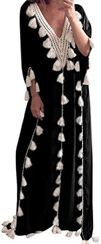 Women Boho Loose Kaftan Oversized Sundress Pleat Tunic V Neck Maxi Dress JHKUNO