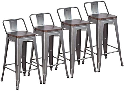 DeKea 24 Inch Low Back Metal Bar Stools with Wooden Top Counter Height Barstools [Set of 4] for Kitchen or Indoor/Outdoor, Gunmetal