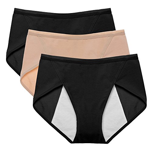 Intimate Portal Women Cotton Fresh Leak Proof Period Menstrual Panties 3-pk Black Black Beige M