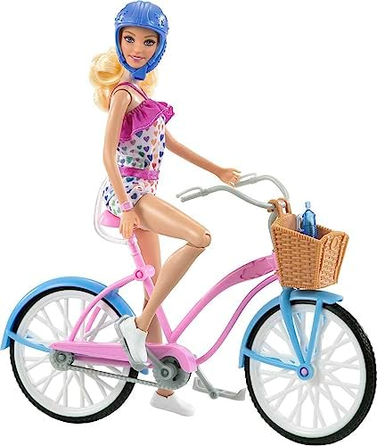 Barbie Doll Bike Set with Accessories, Blonde in Rainbow Romper