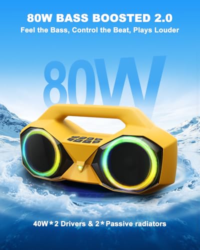 OZJ Bluetooth Speaker 80W(Peak) Loud with Bass, 20H Playtime, IPX7 Waterproof, RGB Lights, TWS, Large Portable Wireless Speakers for Outdoor, Home, Party, Pool, Beach, Tailgating, Gym, Work (Yellow)