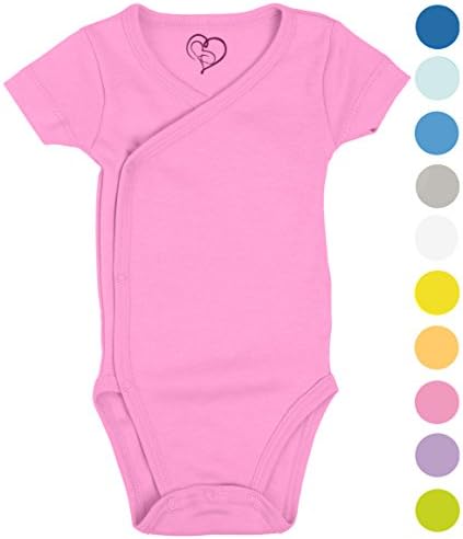 Boys Girls Baby Bodysuit made with Organic Cotton - Short Sleeve Kimono Style with Side Snaps Bodysuit and Gloved Sleeve - Pink 6M