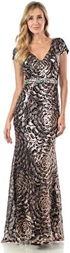 TwinMod Sheer Floral Sequined Cap Sleeve Crystal Evening Dress (3XLARGE, BRONZE/BLACK)