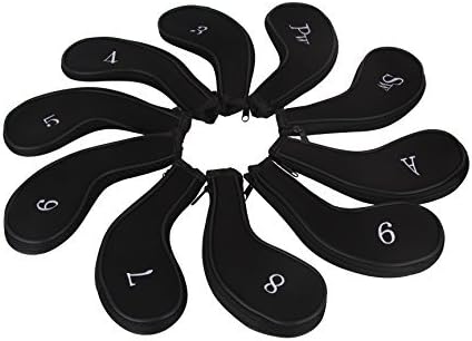 (Pack of 10) MAXZOLA Neoprene Zippered Golf Club Iron Head Covers,Golf Head Covers (Black-Black)