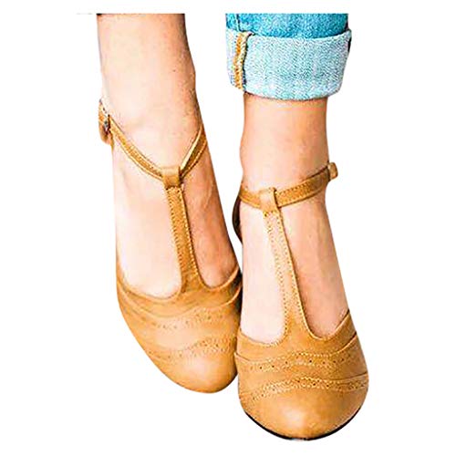 ZOMUSAR Shoes for Women, Womens Fashion Pumps Thick Heel T Type Straps Buckle Beach Shoes Roman Sandals Yellow