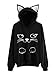 Romwe Women's Long Sleeve Kangaroo Pockets Slogan Letter Graphic Print Cute Cat Ear Pullover Hoodie Black L
