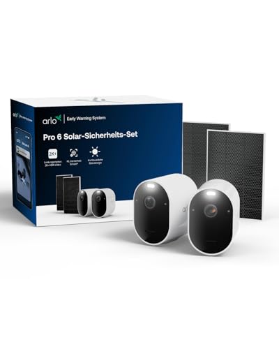 Pro 6 Überwachungskamera Aussen WLAN, 2er Set mit 2 Solar Panel, Kabellos, 2K+HDR, Farb-Nachtsicht, 160° Blickwinkel, Spotlight, Zwei-Wege Audio, Bewegungserkennung, mit Arlo Secure Testzeitraum