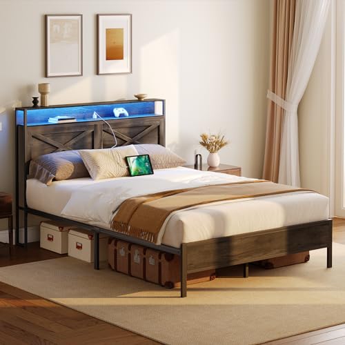 HOOBRO Full Size Bed Frame, Bed Frame with Charging Station and LED Lights, Headboard with Shelves, Heavy Duty Metal Frame, Noise-Free, Easy Assembly, No Box Springs Needed, Charcoal Black BC01UDBF01