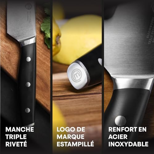 MasterChef Set Couteau Cuisine avec Malette Couteaux Professionnel, Lot Compris Couteau Chef, Santoku, Hachoir, Office et Legume, Acier Inox à Haut Carbone, 5 Pièces