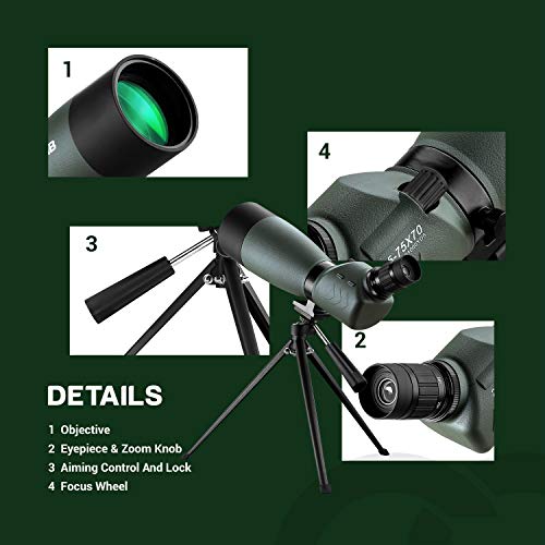 ESSLNB Spotting Scope with Tripod Phone Adapter BAK4 Prism 25-75 X 70 Angled Waterproof Spotting Scopes for Target Shooting Bird Watching Hunting - Thumbnail 7