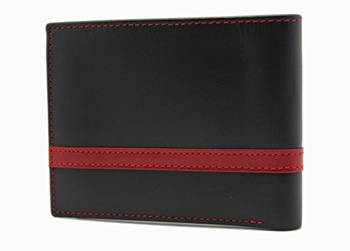 Genuine Calf Leather Black & Red Bi-fold Wallet Quinn Flip ID with Gift Box (53-27)