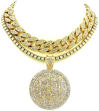 Pyramid JewelerMens Iced Out Gold Miami Cuban Choker & 69 Hip Hop Rappers Pendant Necklace Set (Round 69 Pendant Double Choker 2 Necklace set)