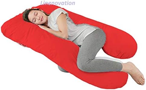Linenovation U Shaped Pregnancy Pillow/Body Pillow/Lumbar Pillow/Maternity Pillow with Cotton Zippered Cover-Red