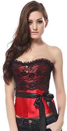 Ivy Shi Women's Overbust Satin Plastic Boned Lace Up Back Corset Top Red Medium