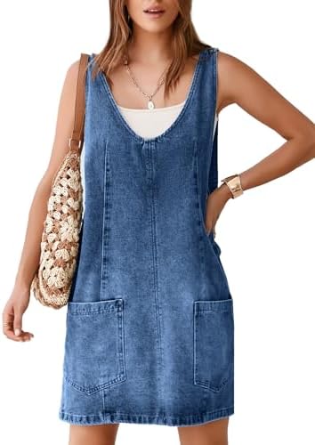 Xaspee Denim Overall Dress for Women Casual Mini Sleeveless Jean Vintage  Jumper Skirt Dress with Pockets at Amazon Women's Clothing store