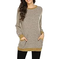 Beyove Women Casual Long Sleeve Color Block Sweatshirts Pocket Pullover Crewneck T Shirt Blouse Tunic top(Medium,Khaki)