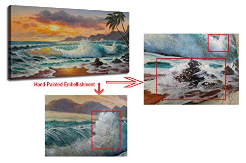 Ardemy Canvas Wall Art Beach Sunset Seawave Tropical Palm Tree Picture Prints, Blue Seascape Beach Large Size Ocean…