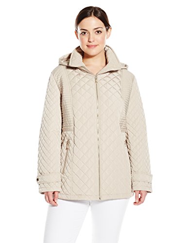 Calvin Klein Women's Plus-Size Quilted Jacket with Hood, Buff, 1X