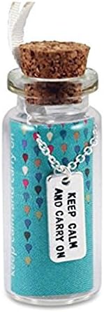 Charm with 16-18 Inch Sterling Silver Chain Luck Feather "Keep Calm and Carry On" Message in a Bottle