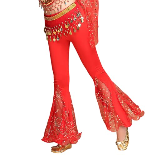Belly Dance Long Pants for Women, Lace Floral Side Split Flared Long Trousers for Belly Dancing, Slim Fit Tribal Arabic Trousers with Coins, Sequin Lace Fishtail Trousers for Yoga Pilates Zumba Party