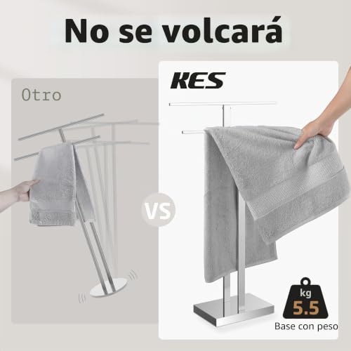 KES Toallero de Pie con 2 Barras, Soporte para Toallas con Base Ponderada de 2,5 kg, Acero Inoxidable 18/8 Acabado Pulido, BTH231