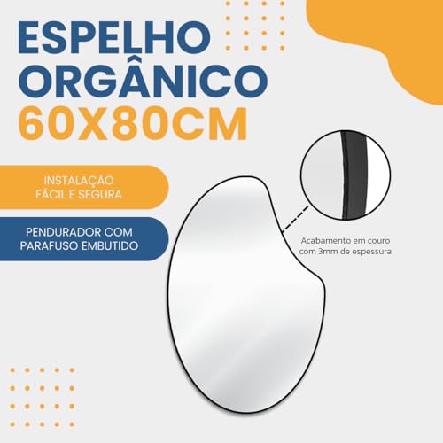 Espelho Orgânico Apple 80x60cm Design Moderno com Moldura em Couro para Decoração Sofisticada (Preto)