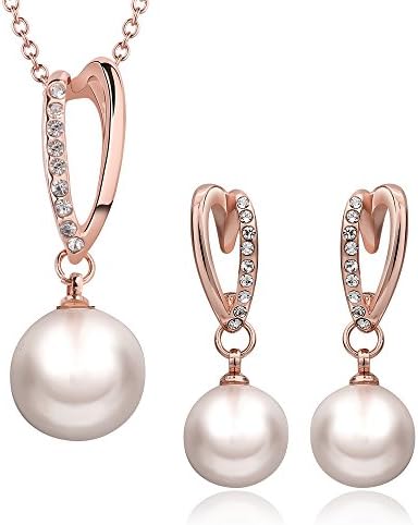 Styleziel 18 K Rose Gold Plated Hoop Earrings with Pearls and Crystal Stud Earrings Women's Jewellery Set Including Necklace 47 cm 2237