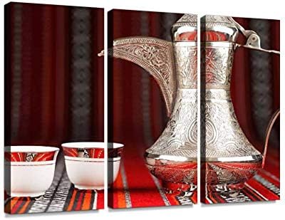 Ornate Arabian Tea Cups and a dallah Tea Pot Print On Canvas Wall Artwork Modern Photography Home Decor Unique Pattern Stretched and Framed 3 Piece