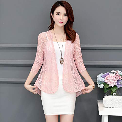 Alangbudu Women Elegant Lace Hollow Out Casual Blazer 3/4 Sleeve Open Front Relax Fit Office Lightweight Cardigan Shrug Pink