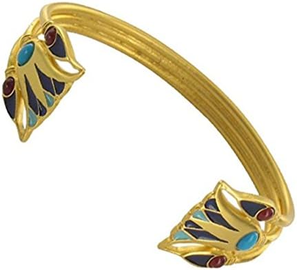'Egyptian Lotuses' Matte Finish Simulated Blue Turquoise and Carnelian Enameled Cleopatra Cuff Bracelet