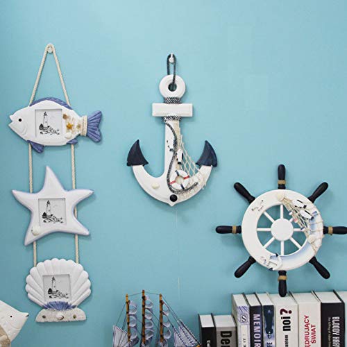 Nautical Mediterranean Handcrafted Ship Anchor Pirate Decor- Ships Wheel for Home,and Wall Hanging Decorative Boat Accessory for Bedroom/Bathroom/Guest Room(Blue and White,8.7” X 12.6”)