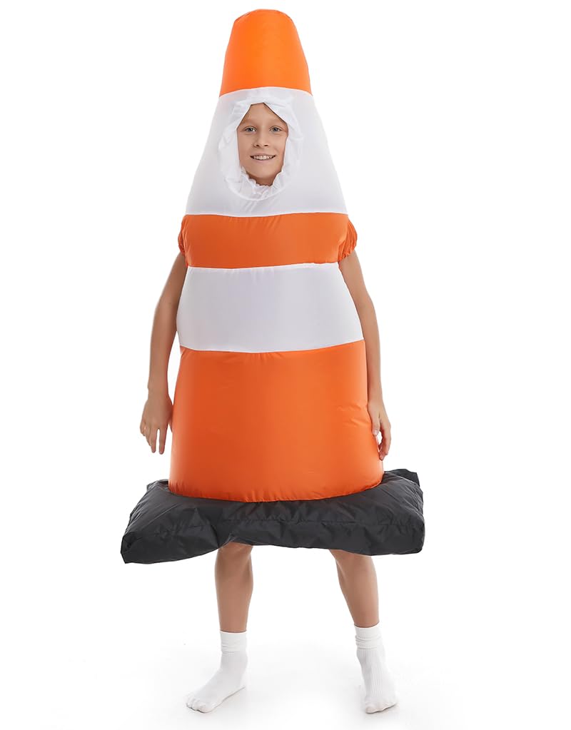Photo 1 of Inflatable Traffic Cone Costume Kids Boys Girls, Blow Up Construction Cone Cosplay Child, Halloween Safety Cone Costume Children Orange