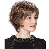 QianBaiHui Short Brown Wigs for White Women Fluffy Brown Mixed Gray Bob Hair Wigs with Bangs Heat Resistant Synthetic Hair Wig + Wig Cap LDS008