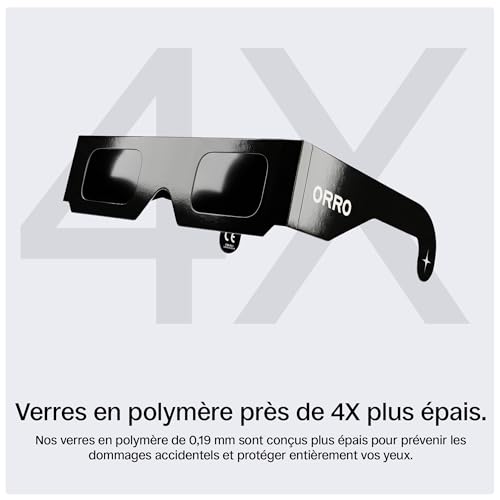 ORRO Lunettes d’éclipse solaire 37 mm, Lot de 2/6/12/50, Noires, Protection oculaire certifiée, Testées EN ISO 12312-2:2015, Marquage CE pour observation directe du soleil - Coupe classique