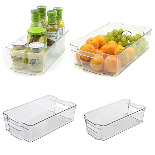 Organizer Bins, Stackable, Set of 4, Clear Storage Containers for Organizing - Pantry Organizer, Fridge Organizer Bins, Refrigerator Organizer Bins, Freezer Organizer, Dresser Drawer Organizers