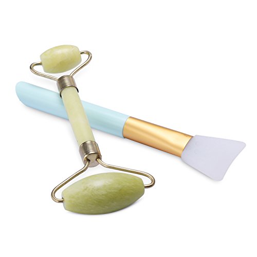 Jade Roller for Face + Convenient Mask Applicator Brush, 100% Real Natural Jade Stone roller, Anti-Aging Jade Beauty Skin-care Tool to Rejuvenate Facial Skin Cooling, Slimming & Firming